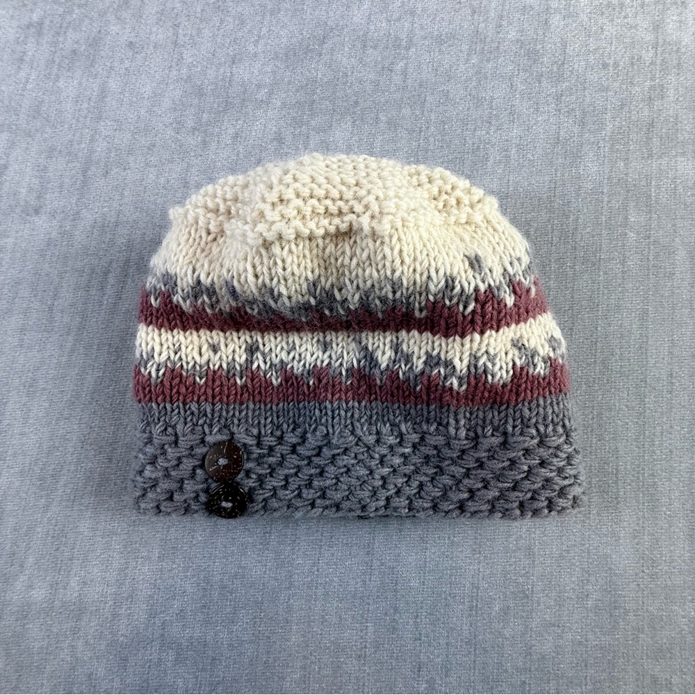 Turtle Fur Wool Beanie Handmade Nepal Fleece Lined Striped Knit Winter Hat Grey